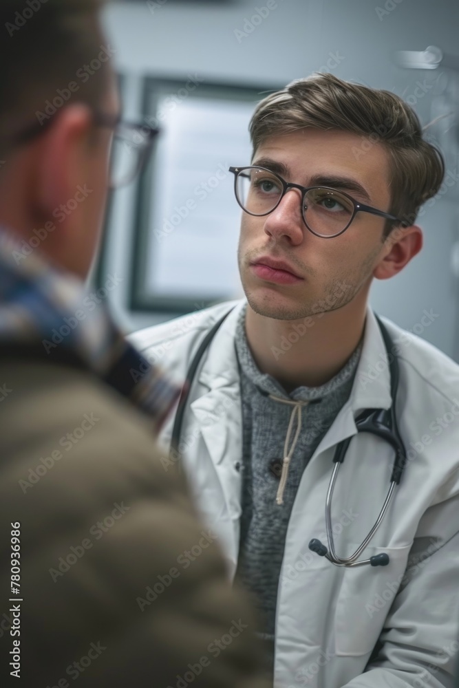 A man in a lab coat having a conversation with a doctor. Suitable for medical and healthcare concepts A man in a lab coat having a conversation with a doctor. Suitable for medical and healthcare concepts