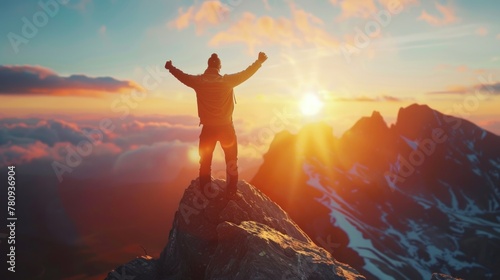 A man standing on a mountain peak at sunset, ideal for inspirational and adventurous concepts