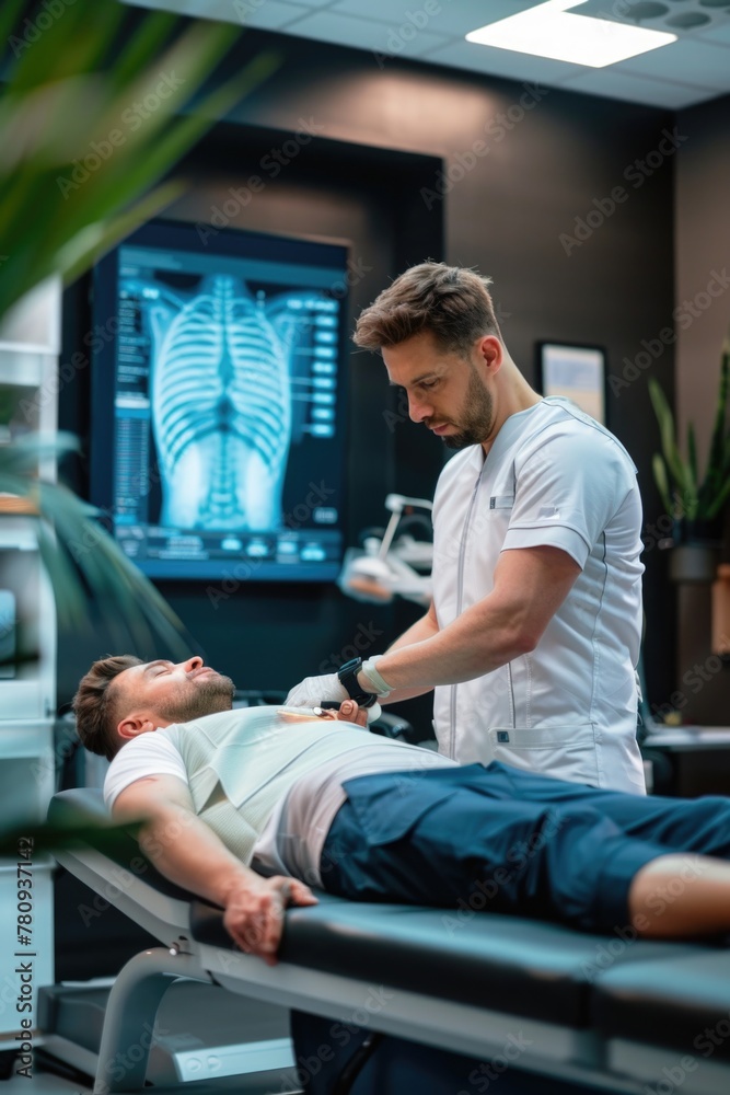 A man laying on a table while a doctor looks on. Suitable for medical and healthcare concepts A man laying on a table while a doctor looks on. Suitable for medical and healthcare concepts