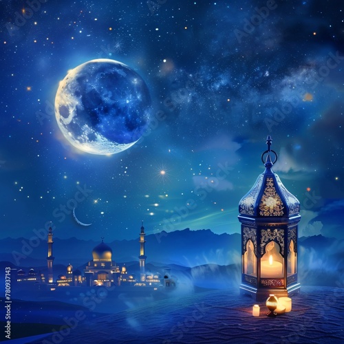 Eid mubarak and ramadan kareem greetings with islamic lantern 
