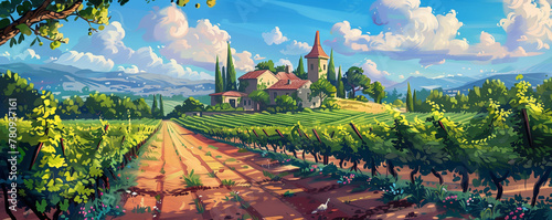 Vineyard farm in a summer day, beautiful rural landscape, panoramic view, illustration generated ai 