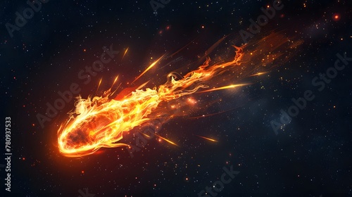 A brilliant flaming meteor with glowing molten tail streaking across the night sky, isolated on a transparent background for easy onto astronomy photography