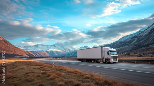 White Cargo Truck with Blank Copy Space for Text, Transit and Transport Marketing Backdrop, Trucking Industry Promotional Background, Branding Concept, Rural Highway American Freeway Road Landscape