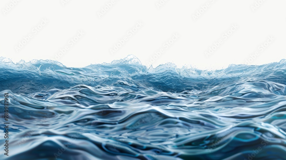 Hyperrealistic studio photo of water edge, lens set 50 percent submerged, white background