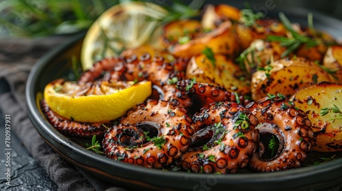   A tight shot of a plate displaying octopus rings and lemon wedges