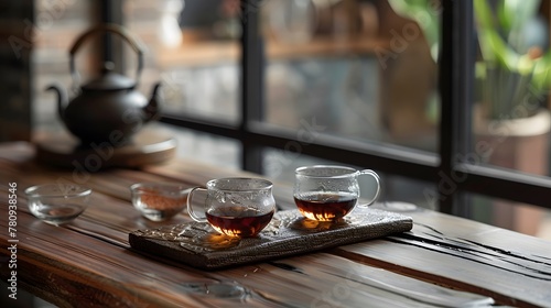 On the wooden tea table has two glass tea cups with a pot with tea in them, in the style of textural surface treatment.