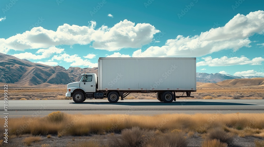 White Cargo Truck with Blank Copy Space for Text, Transit and Transport Marketing Backdrop, Trucking Industry Promotional Background, Branding Concept, Rural Highway American Freeway Road Landscape White Cargo Truck with Blank Copy Space for Text, Transit and Transport Marketing Backdrop, Trucking Industry Promotional Background, Branding Concept, Rural Highway American Freeway Road Landscape