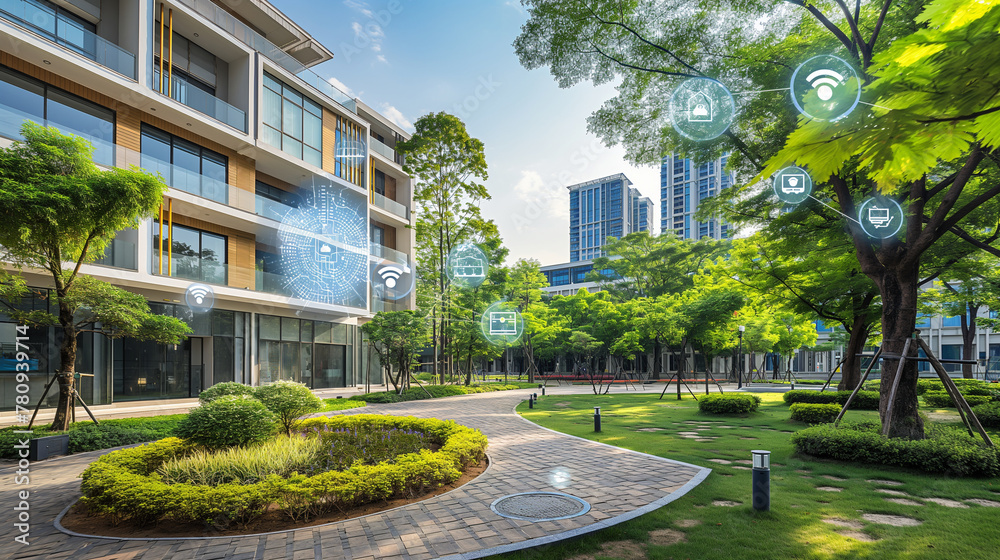 A network of smart buildings equipped with IoT sensors to optimize energy consumption, depicted in the soft light of the afternoon. The buildings are connected by landscaped walkwa