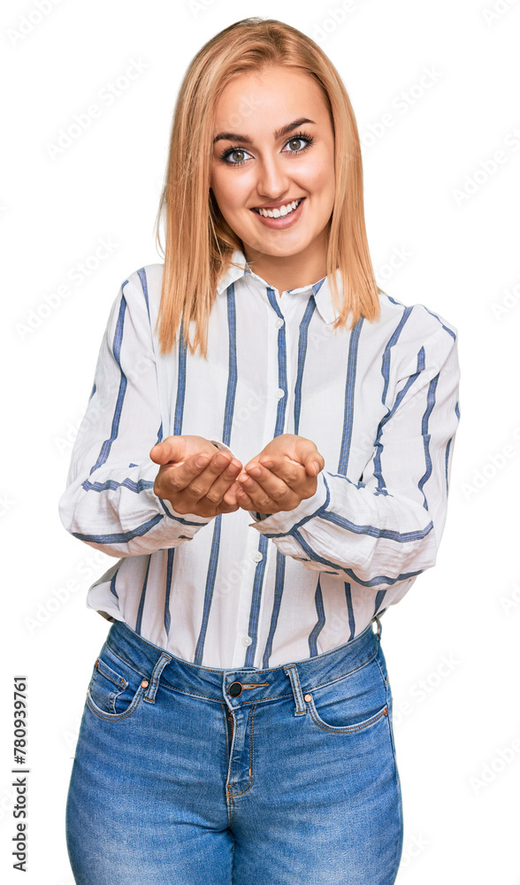 Beautiful caucasian woman wearing casual clothes smiling with hands palms together receiving or giving gesture. hold and protection