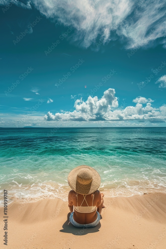 A woman sitting on a beach, gazing at the ocean. Suitable for travel and relaxation concepts