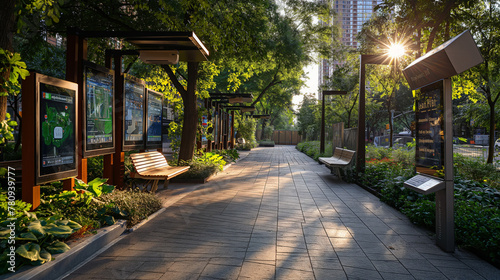 A public park in the heart of a smart city, where technology meets green living. Features include Wi-Fi benches, solar-powered charging stations, and interactive information kiosks