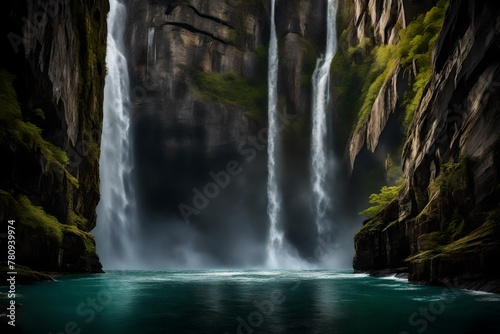A magnificent waterfall framed between two towering cliffs  creating a natural amphitheater of awe-inspiring proportions