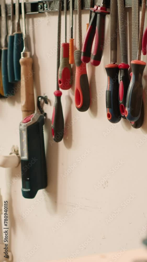 Vertical video Close up of electric router with woodworking tools on rack in background in workshop. Focus on hand powered equipment in front of chisels, screwdrivers, on wall in carpentry studio Vertical video Close up of electric router with woodworking tools on rack in background in workshop. Focus on hand powered equipment in front of chisels, screwdrivers, on wall in carpentry studio