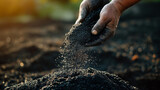 A farmer spreads biochar, a form of charcoal used to enhance soil carbon storage, across a field. The late afternoon sunlight highlights the texture of the biochar against the soil