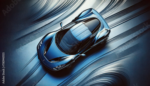 high-end sports car. The car should have a polished deep blue paint, reflecting the surrounding scene photo