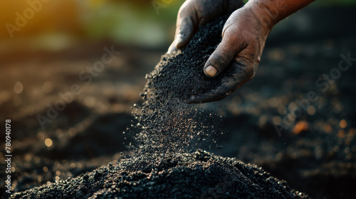 A farmer spreads biochar, a form of charcoal used to enhance soil carbon storage, across a field. The late afternoon sunlight highlights the texture of the biochar against the soil