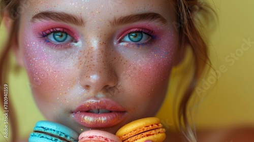 Fashion model with colorful make-up and manicure taking colorful macaroons. Beautiful woman, bright make-up. Purple lipstick, vivid eyeshadow, and accessories. Diet and dieting concept. Sweets.