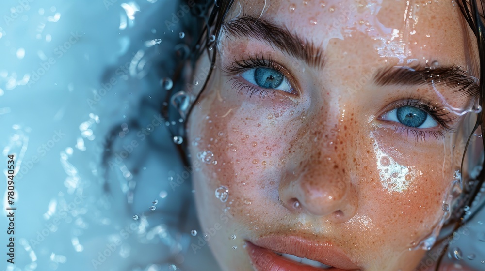 An attractive spa woman has splashes of water on her face. She is smiling as she stands under the splash of water. Her skin is fresh and healthy. She has a beautiful face over a blue background.