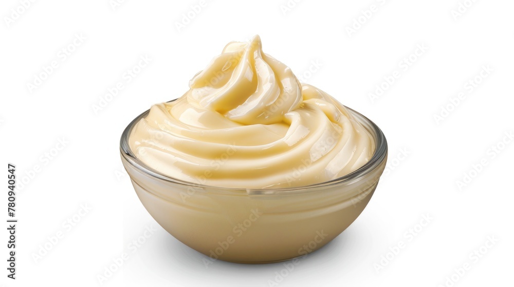 A bowl of whipped cream on a white surface. Perfect for food and dessert concepts A bowl of whipped cream on a white surface. Perfect for food and dessert concepts