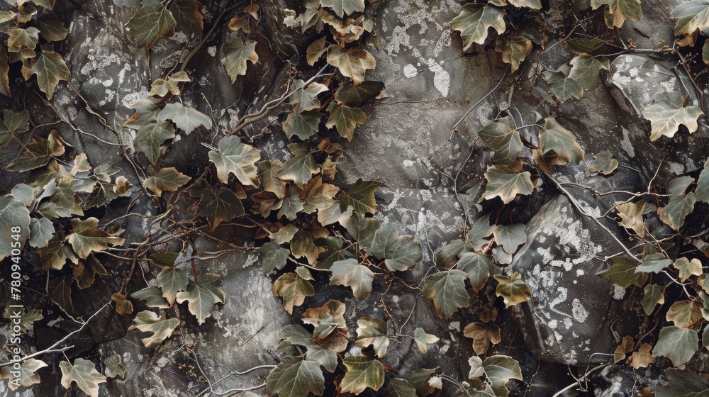 Stone wall covered in lush green leaves, perfect for nature backgrounds Stone wall covered in lush green leaves, perfect for nature backgrounds
