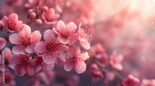 Background or border art with pink blossom. Mother nature scene with blossoming trees and a sun flare. Spring flowers. A beautiful orchard. Abstract blurred background. A springtime scene. © DZMITRY