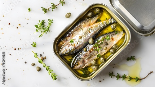 Open tin of sardines in olive oil with capers and thyme on dark rustic wooden background