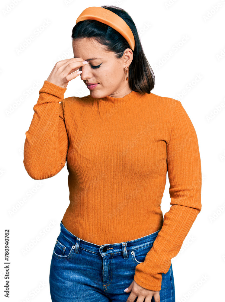 Φωτογραφία Young hispanic girl wearing casual white t shirt tired rubbing nose and eyes feeling fatigue and headache