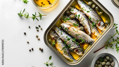 Open tin of sardines in olive oil with capers and thyme on dark rustic wooden background