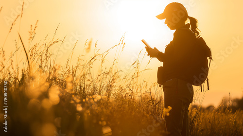 A field biologist tracking wildlife in a restored natural area, using technology to monitor the success of the habitat restoration efforts. The natural backlight illuminates the sc