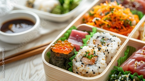Bento lunch box on white background. Traditional Japanese food in takeaway wooden packaging on kitchen table. Healthy diet, meal preparation. Rice, prawn, furikake, tuna tataki, tamago and vegetables