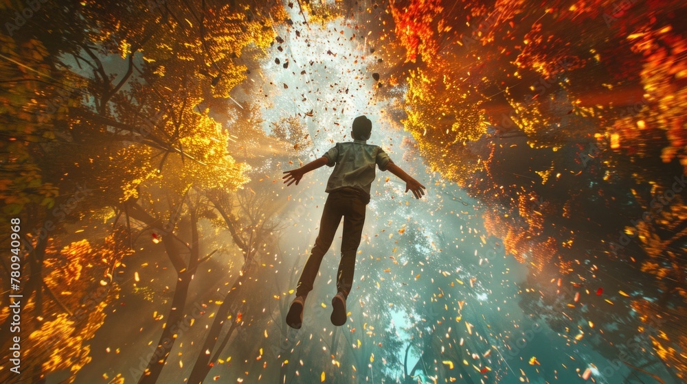 Fototapeta premium A man soaring through the air over a dense forest. Suitable for adventure or nature themes