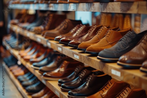 A row of men's shoes displayed on a shelf. Suitable for fashion or retail concepts