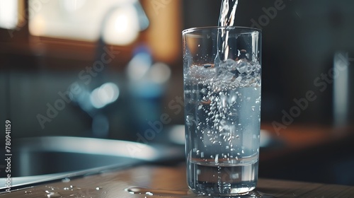 Pouring cold water into a glass. Toned.