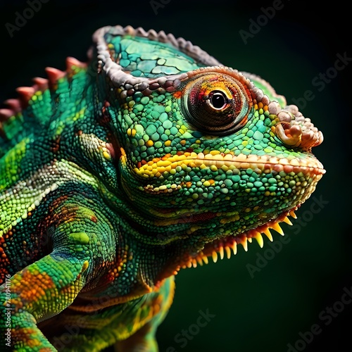  Explore the intricate details of a green-colored chameleon up close  capturing its vibrant hues and unique textures. 