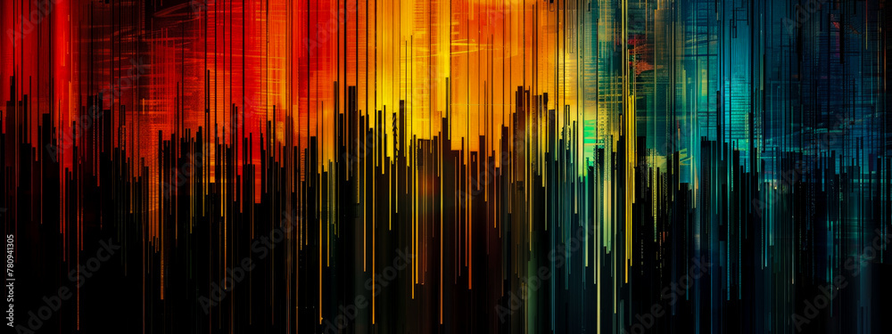 A colorful painting of a cityscape with a rainbow of colors