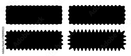 Set of different rectangles with wiggly edges. Rectangular shapes with wavy borders. Empty text or headline boxes. Black stickers, tags or labels templates. Vector graphic illustration.