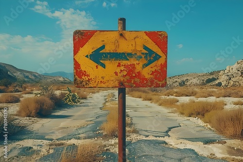 Surreal split road signpost with arrows presenting a challenging decision. Concept Surrealism, Split Road Signpost, Arrows, Challenging Decision, Symbolism