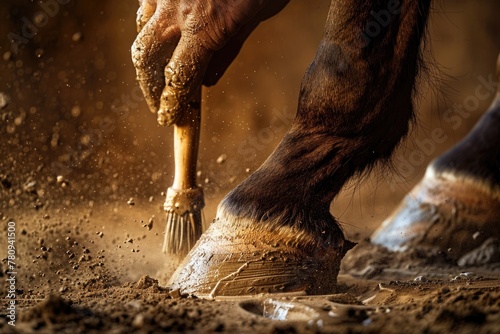 Close up of a horse's hoof being cleaned with a brush. Suitable for veterinary or equestrian themes photo