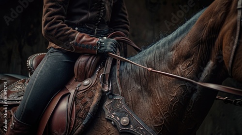 A person riding a horse in a dark room. Can be used for equestrian concept designs