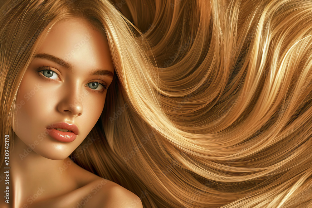 Close portrait of young beauty woman with long perfect hair, advertisement or banner for shampoo or hairdressing with beautiful hair and space for text or inscriptions
