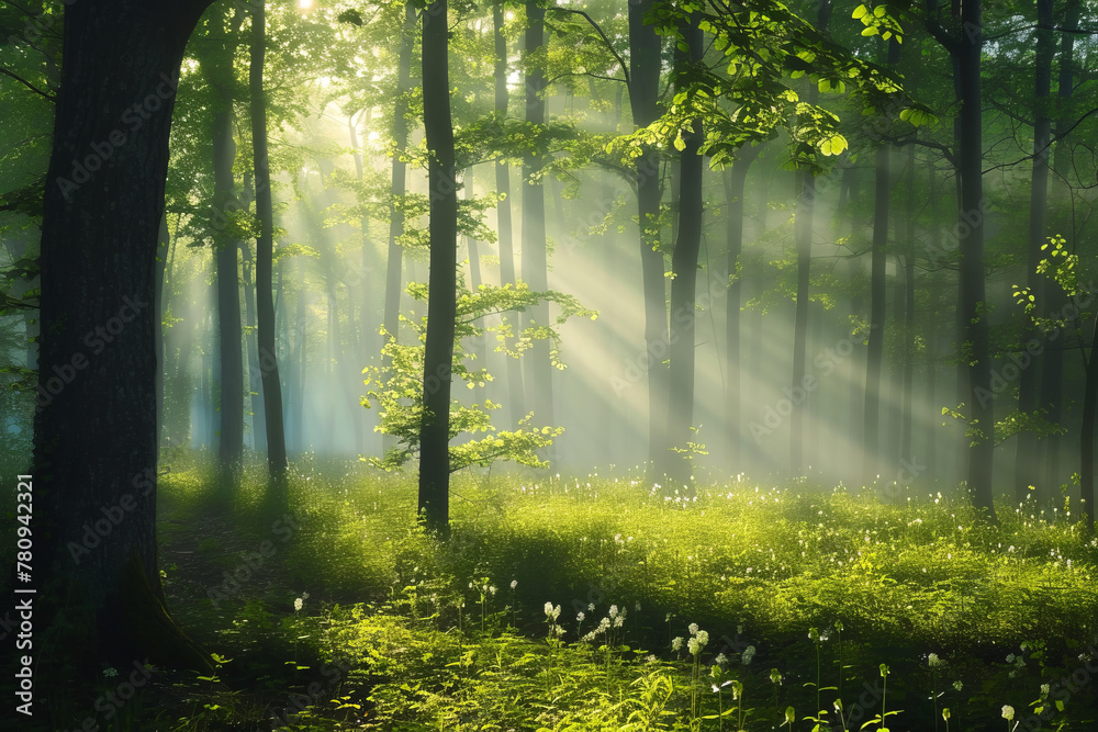 Fototapeta premium A beautiful green forest with mist and sunlight shining through the leaves and branches with space for text or inscriptions. Beautiful forest background 