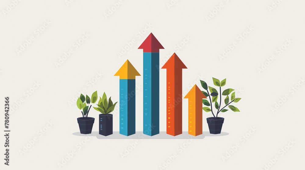 2D Vector Illustration of Plant Pots and Progress Arrows Bar Chart on Beige Background, Climate Change and Green Transition Resource, with Space for Copy Text 2D Vector Illustration of Plant Pots and Progress Arrows Bar Chart on Beige Background, Climate Change and Green Transition Resource, with Space for Copy Text