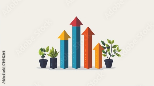 2D Vector Illustration of Plant Pots and Progress Arrows Bar Chart on Beige Background, Climate Change and Green Transition Resource, with Space for Copy Text