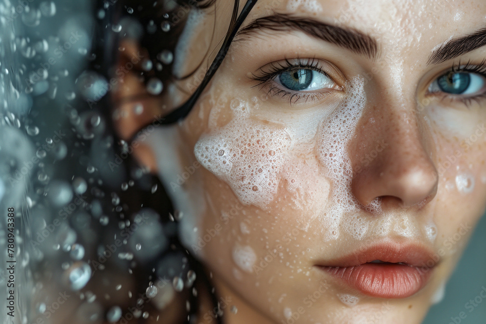 Close-up portrait of a beautiful woman with wet hair moistened with soapy water and foam. Shower and body care theme. Woman with wet hair in the shower

