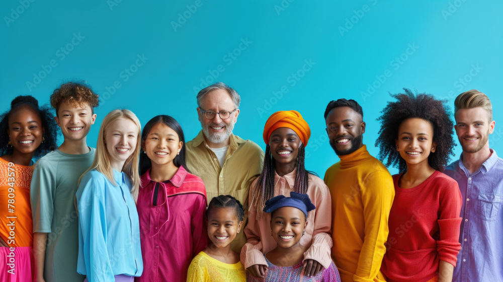 A multicultural collective of individuals of various ages stands closely, sharing smiles A multicultural collective of individuals of various ages stands closely, sharing smiles
