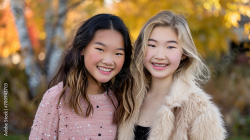 Two young girls are standing side by side, looking at the camera. They appear to be smiling and happy