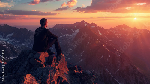A man is seated on the peak of a mountain as the sun sets, casting a warm glow over the landscape