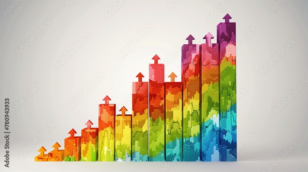 Vibrant Progress: 3D Rainbow Colored Progress Graph with Arrows on White Background - Business Graphic Resource