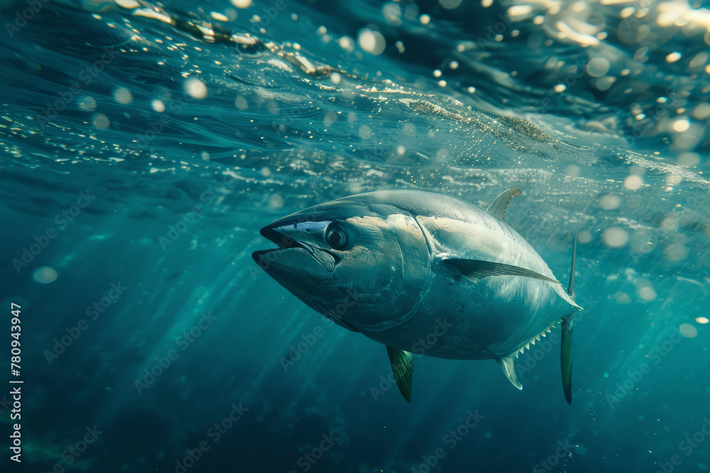 Fototapeta premium Tuna swimming underwater in the sea or ocean 