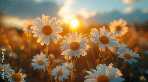 Camomile flowers field wide background in sun light. Summer daisies. Beautiful nature scene with blooming medical chamomiles. Alternative medicine. Camomile Spring flower background. photo